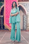 Buy_Show Shaa_Blue Crepe Sequins Round Neck Splash Print Cape And Pant Set 