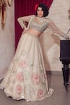 Buy_Show Shaa_Ivory Organza, Net, Satin Mirrors, Floral Hand Embroidered Bridal Lehenga Set _Online_at_Aza_Fashions