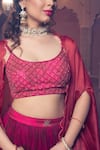 Show Shaa_Maroon Satin Embroidery And Print Sequin Scallop Border Cape Lehenga Set _at_Aza_Fashions