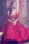Show Shaa_Maroon Satin Embroidery And Print Sequin Scallop Border Cape Lehenga Set _Online