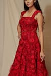 SHRIYA SOM_Red Tulle Embroidered Floral Motifs Square Neck Dress  _at_Aza_Fashions