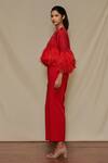 Buy_Shriya Som_Red Organza, Crepe Floral Motifs Round Jumpsuit With Feather Capelet_Online_at_Aza_Fashions