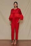 Buy_Shriya Som_Red Organza, Crepe Floral Motifs Round Jumpsuit With Feather Capelet_at_Aza_Fashions