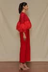 Shriya Som_Red Organza, Crepe Floral Motifs Round Jumpsuit With Feather Capelet_Online_at_Aza_Fashions