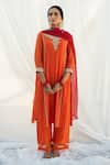 Buy_Apeksha Jain Label_Orange Chanderi Hand Embroidered Thread Work Jewel Neck Kurta Set _at_Aza_Fashions