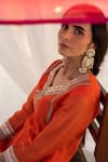 Shop_Apeksha Jain Label_Orange Chanderi Hand Embroidered Thread Work Jewel Neck Kurta Set _Online_at_Aza_Fashions
