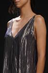 ADITYA SIKAND_Grey 50 % Silk Plain Jumpsuit V Neck Metallic With Jacket _at_Aza_Fashions