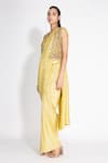 431-88 by Shweta Kapur_Yellow Pleated Silk Metallic Pre-draped Saree And Honeycomb Jacket Set  _Online_at_Aza_Fashions