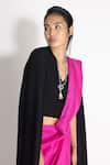 Shop_431-88 By Shweta Kapur_Black Silk V Neck Masai Godet Saree With Neha Cape Top  _Online_at_Aza_Fashions