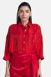 431-88 by Shweta Kapur_Red Silk Embroidery Cutdana Spread Collar Streamlined Shirt _Online_at_Aza_Fashions