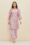 Buy_Meadow_Purple Silk Embroidered Floral Spread Collar Siena Tunic And Pant Set _at_Aza_Fashions