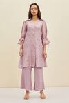 Meadow_Purple Silk Embroidered Floral Spread Collar Siena Tunic And Pant Set _Online_at_Aza_Fashions