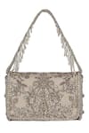 Shop Lovetobag Grey Crystals, Pearls, Zari Siah Floral Kundan Embellished Flapover Clutch at Aza Fashions Shop_Lovetobag_Grey Crystals, Pearls, Zari Siah Floral Kundan Embellished Flapover Clutch _at_Aza_Fashions