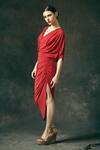 Mandira Wirk_Red V Neck Draped Midi Dress _Online_at_Aza_Fashions