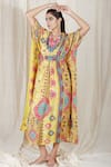 Buy_The Boozy Button_Multi Color Moroccan Silk Digital V Single Ladies Kaftan  _at_Aza_Fashions