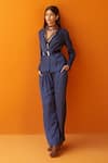 Buy_Sakshi Khetterpal_Blue Textured Satin Modal Blazer Lapel Collar Bralette V-neck And Pant Set _at_Aza_Fashions