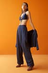 Sakshi Khetterpal_Blue Textured Satin Modal Blazer Lapel Collar Bralette V-neck And Pant Set _Online_at_Aza_Fashions