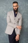 Shop_Sarab Khanijou_Grey Suiting Textured Blazer And Pant Set _Online_at_Aza_Fashions