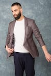 Shop_Sarab Khanijou_Grey Suiting Checkered Blazer _Online_at_Aza_Fashions