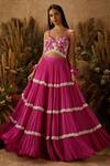 Buy_Shloka Khialani_Pink Net, Crepe, Georgette Leaf Neck Gathered Lehenga Set _at_Aza_Fashions