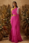 Buy_Shloka Khialani_Pink Net Embroidery One Shoulder Cutout Gown With Dupatta  _at_Aza_Fashions