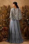 Shop_Shloka Khialani_Blue Net, Crepe, Georgette Cape Round Gown V-neck Embroidered And Tiered _at_Aza_Fashions