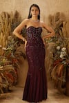 Buy_Shloka Khialani_Maroon Net, Crepe Bandeau Embroidered Gown _at_Aza_Fashions