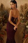 Shop_Shloka Khialani_Maroon Net, Crepe Bandeau Embroidered Gown _at_Aza_Fashions