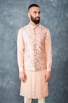 Sarab Khanijou_Peach Cotton Silk Embroidered Bundi And Kurta Set _Online_at_Aza_Fashions