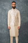 Sarab Khanijou_White Raw Silk Embroidered Bundi And Kurta Set_Online_at_Aza_Fashions