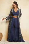 Shop_Avaha_Blue Jacket Georgette Print And Embroidery Floral Jacket Open Sharara Set _at_Aza_Fashions