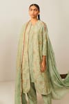 Buy_Sarang Kaur_Green Cotton Silk Geometric And Floral Motifs Embroidered Kurta Set With Jacket_at_Aza_Fashions
