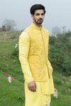 Buy_Sarab Khanijou_Yellow Bhagalpuri , Herringbone And Cotton Thread Bundi & Kurta Set _at_Aza_Fashions