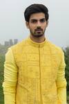 Sarab Khanijou_Yellow Bhagalpuri , Herringbone And Cotton Thread Bundi & Kurta Set _Online_at_Aza_Fashions