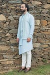 Sarab Khanijou_Blue Bhagalpuri And Cotton Thread Flower Embellished Jacket & Kurta Set_Online_at_Aza_Fashions