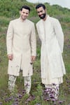 Sarab Khanijou_Off White Bhagalpuri And Cotton Thread Embroidery & Sherwani & Kurta Set_Online_at_Aza_Fashions