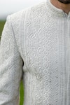 Shop_Sarab Khanijou_White Organza And Cotton Silk Thread Embroidery & Sequin Sherwani & Kurta Set _Online_at_Aza_Fashions