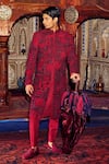 Buy_Sarab Khanijou_Red Sherwani Herringbone Embroidery Geometric Set _at_Aza_Fashions