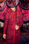 Buy_Sarab Khanijou_Red Sherwani Herringbone Embroidery Geometric Set _Online_at_Aza_Fashions