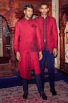 Buy_Sarab Khanijou_Red Bandhgala Herringbone, Pant Sandwash Paisley Embroidered And Trouser Set _at_Aza_Fashions