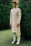 Buy_Sarab Khanijou_Ivory Kurta And Pant Cotton Silk, Sherwani Herringbone Dori Embroidered Set _at_Aza_Fashions