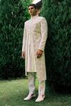Shop_Sarab Khanijou_Ivory Kurta And Pant Cotton Silk, Sherwani Herringbone Dori Embroidered Set _at_Aza_Fashions
