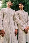 Sarab Khanijou_Ivory Kurta And Pant Cotton Silk, Sherwani Herringbone Dori Embroidered Set _Online_at_Aza_Fashions