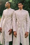 Buy_Sarab Khanijou_Ivory Kurta And Pant Cotton Silk, Sherwani Herringbone Dori Embroidered Set _Online_at_Aza_Fashions