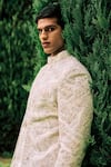 Shop_Sarab Khanijou_Ivory Kurta And Pant Cotton Silk, Sherwani Herringbone Dori Embroidered Set _Online_at_Aza_Fashions