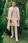 Buy_Sarab Khanijou_Ivory Kurta And Pant Cotton Silk, Sherwani Herringbone Stripe Embroidered Set _at_Aza_Fashions