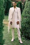 Shop_Sarab Khanijou_Ivory Kurta And Pant Cotton Silk, Sherwani Herringbone Stripe Embroidered Set _at_Aza_Fashions