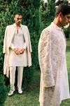 Sarab Khanijou_Ivory Kurta And Pant Cotton Silk, Sherwani Herringbone Stripe Embroidered Set _Online_at_Aza_Fashions