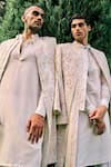 Shop_Sarab Khanijou_Ivory Kurta And Pant Cotton Silk, Sherwani Herringbone Stripe Embroidered Set _Online_at_Aza_Fashions