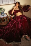 Shop_Shehlaa Khan_Maroon Velvet Embroidery Sweetheart Neck Lehenga Set _at_Aza_Fashions